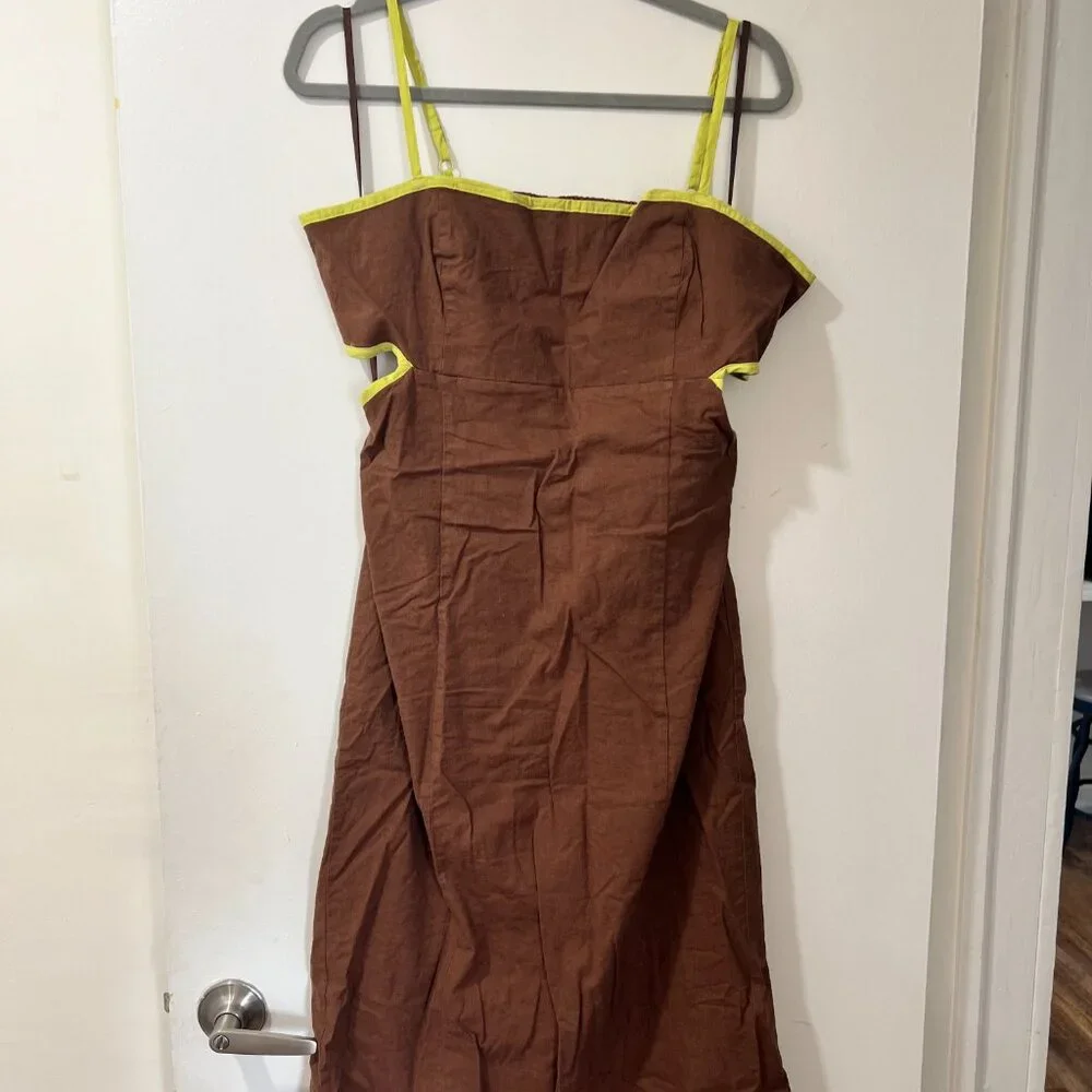 🏷 *NWT* ✨ Maeve by Anthropologie Brown & Chartreuse Midi Dress – Chic & Unique! - Picture 7 of 12